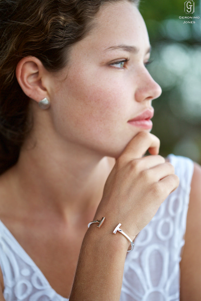 classic t-bangle bracelet in gold and Sterling silver hand-made in Hatton Garden London