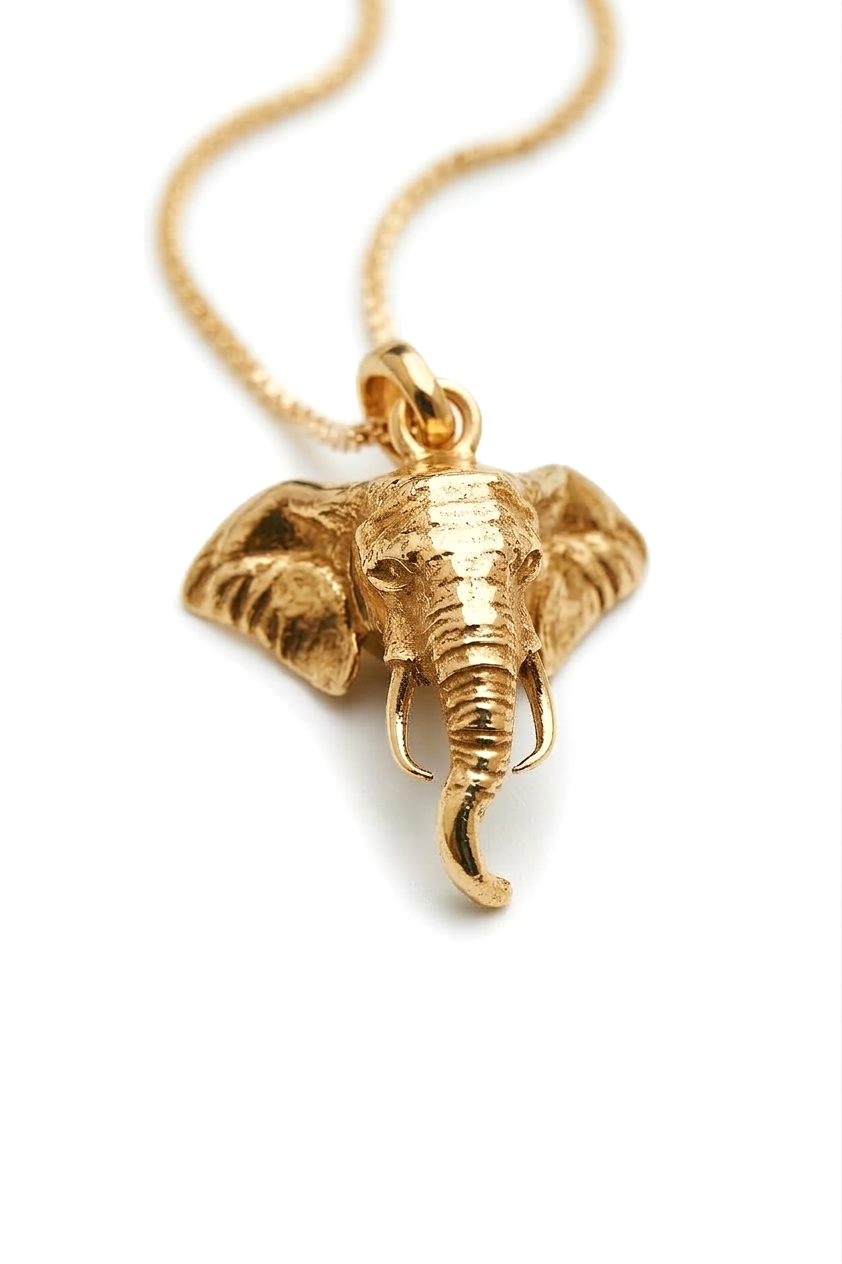 Yellow Gold Elephant Head Pendant Necklace pachyderm