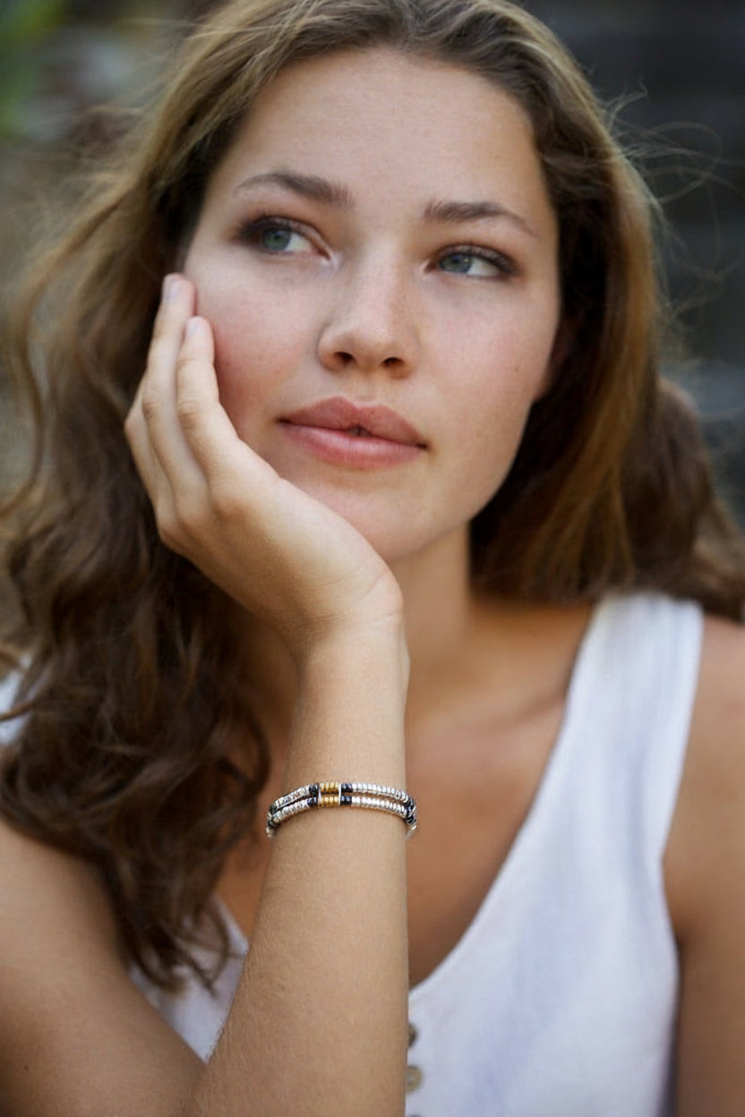 Sterling silver with 18k carat yellow gold vermeil and black rhodium beaded double-strand bracelet.