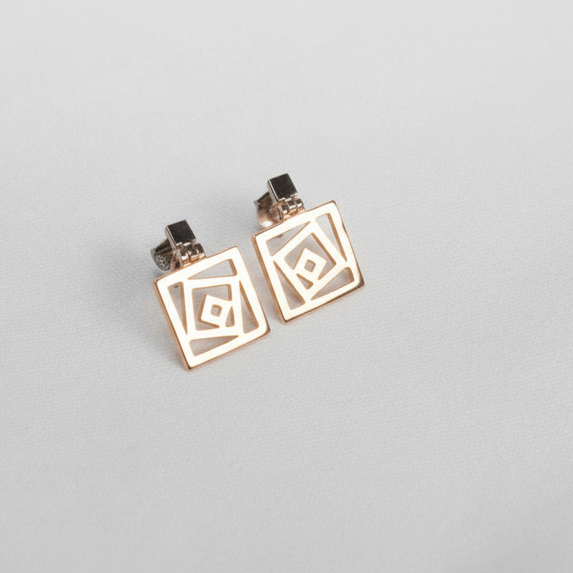 Designer geometric square stud earrings in rose gold