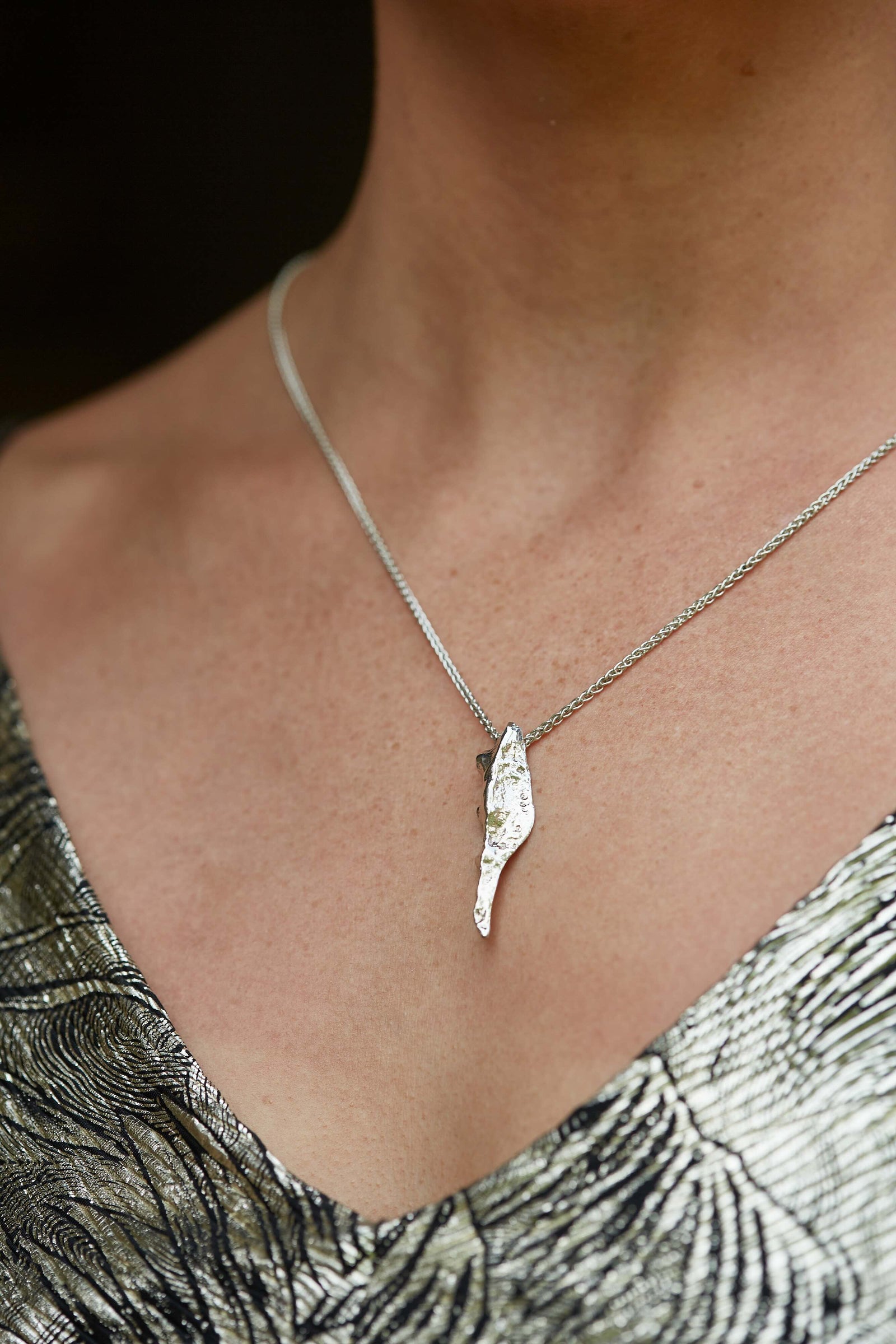 Heavywight solid Sterling Silver pendant necklace assymetrical natural design.