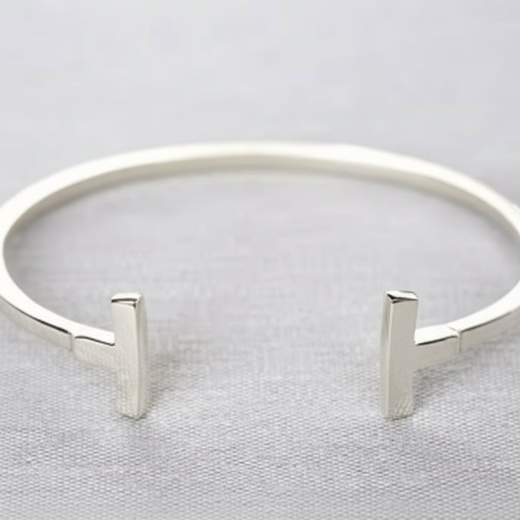 Classic elegant designer curved T-Bangle square solid sterling silver shank