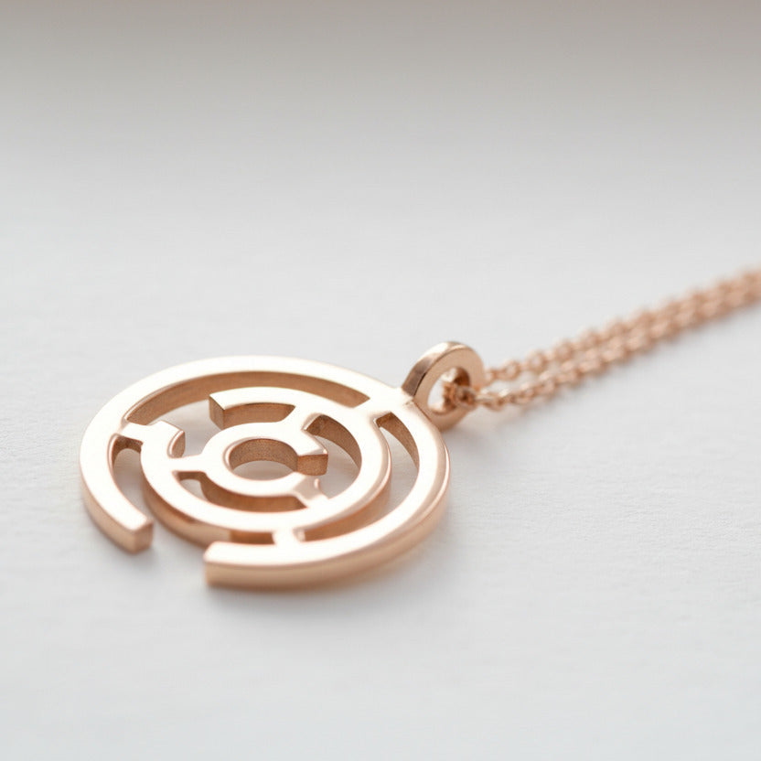 puzzle-like intriguing designer pendant necklace in 18 carat rose gold vermeil