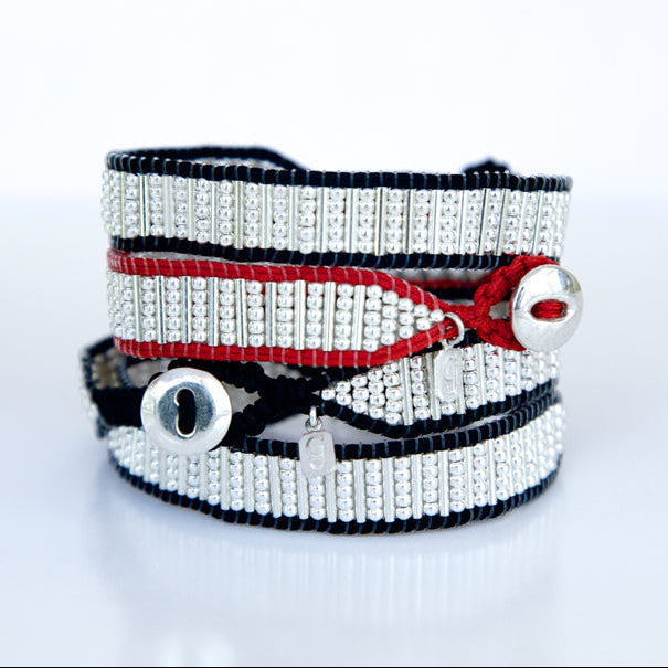 Stacked Sophisticated Sterling Silver Mirage Beaded Bracelets Black & Red