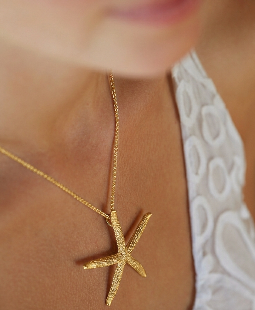 Very Large Starfish Pendant Necklace Yellow Gold for her