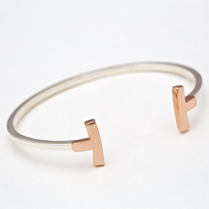 Classic stylish T-Bangle in sterling silver and rose gold vermeil