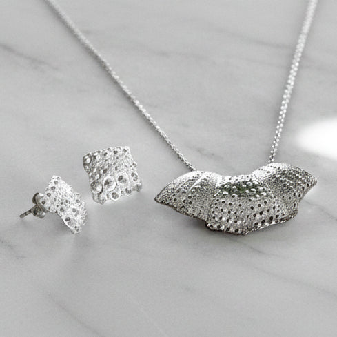 Textured contemporary solid Sterling silver necklace and earring set