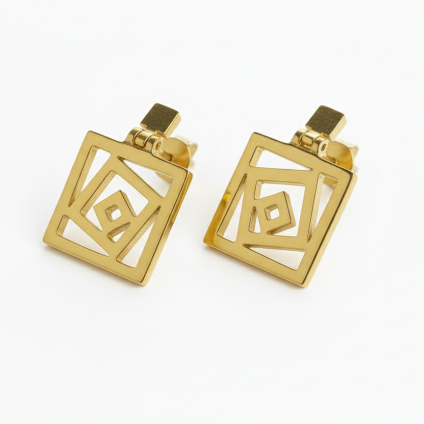 Designer geometric square stud earrings in yellow gold
