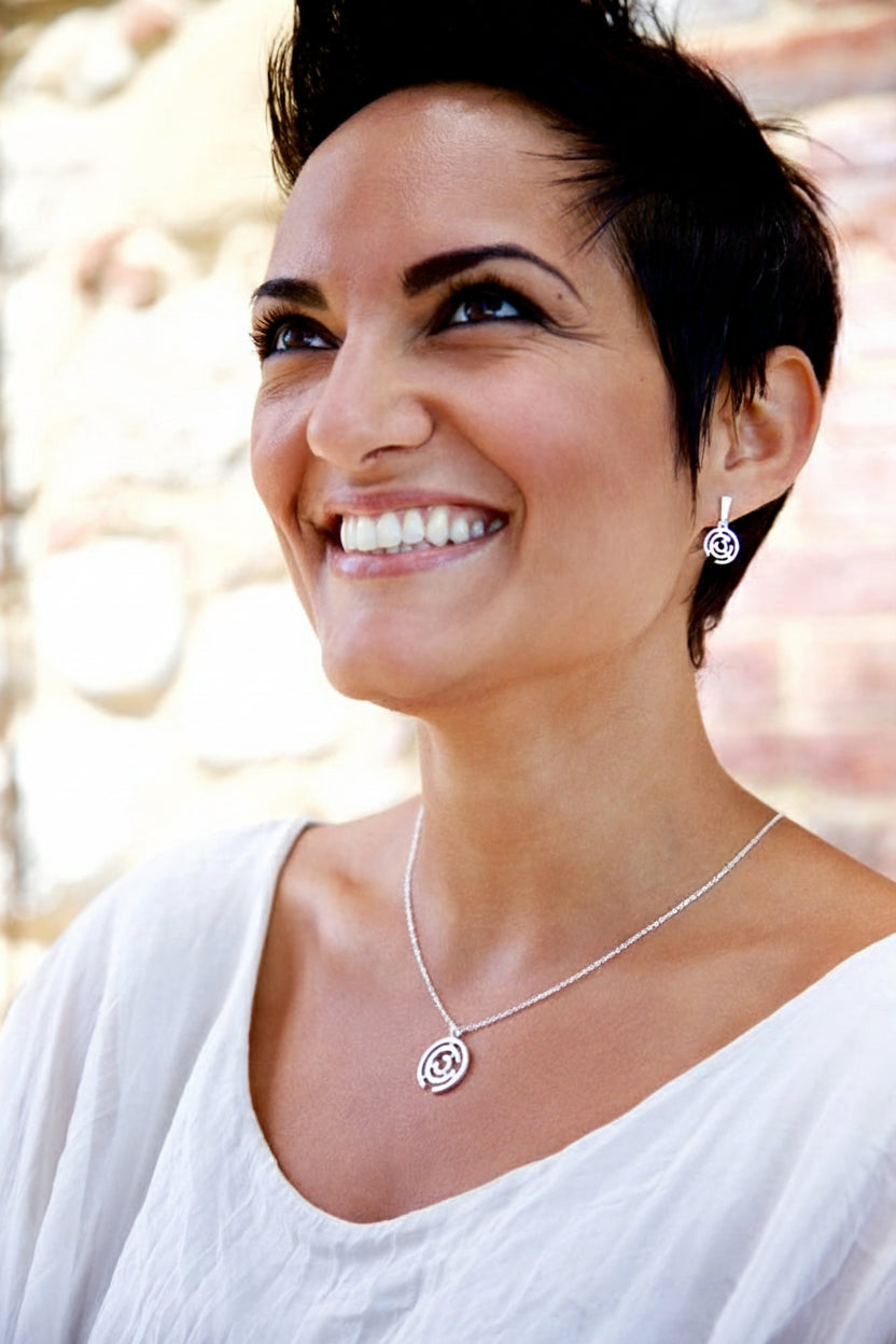 Designer Contemporary Circular Pendant and Stud Earrings set in solid Sterling Silver